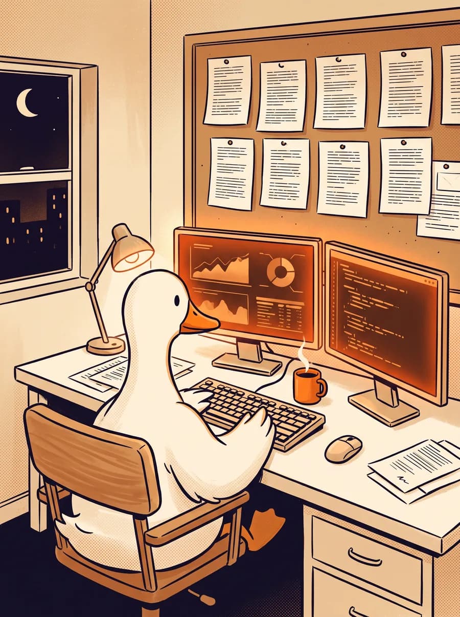 A duck working late at a desk, months of printed transcripts pinned to the wall behind it